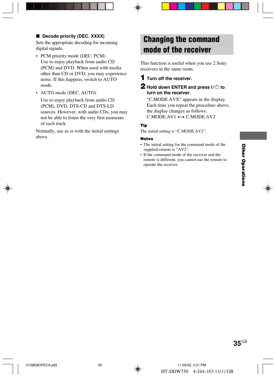Changing the command mode of the, Receiver, Changing the command mode of the receiver | Sony HT-DDW750 User Manual | Page 35 / 52
