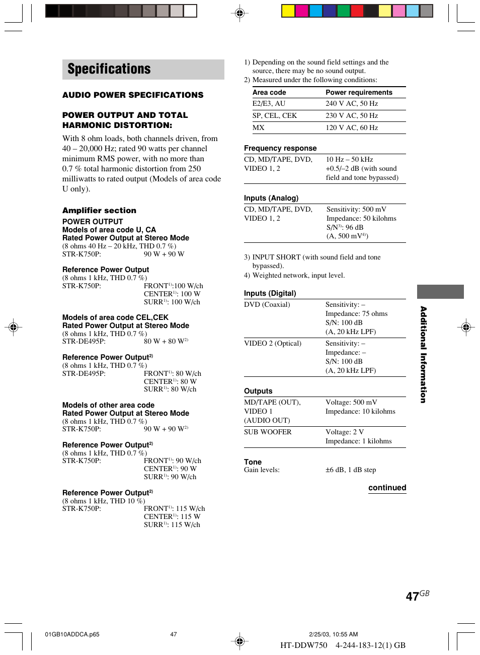 Specifications | Sony HT-DDW750 User Manual | Page 47 / 52