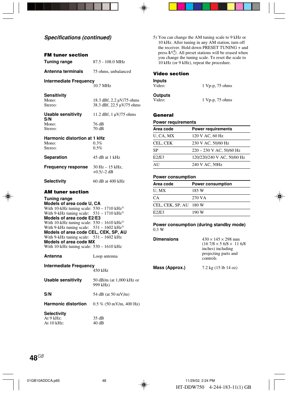 Specifications (continued) | Sony HT-DDW750 User Manual | Page 48 / 52
