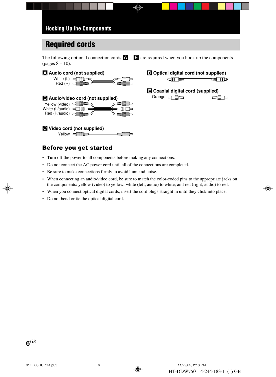 Hooking up the components, Required cords, Hooking up the components before you get started | Sony HT-DDW750 User Manual | Page 6 / 52