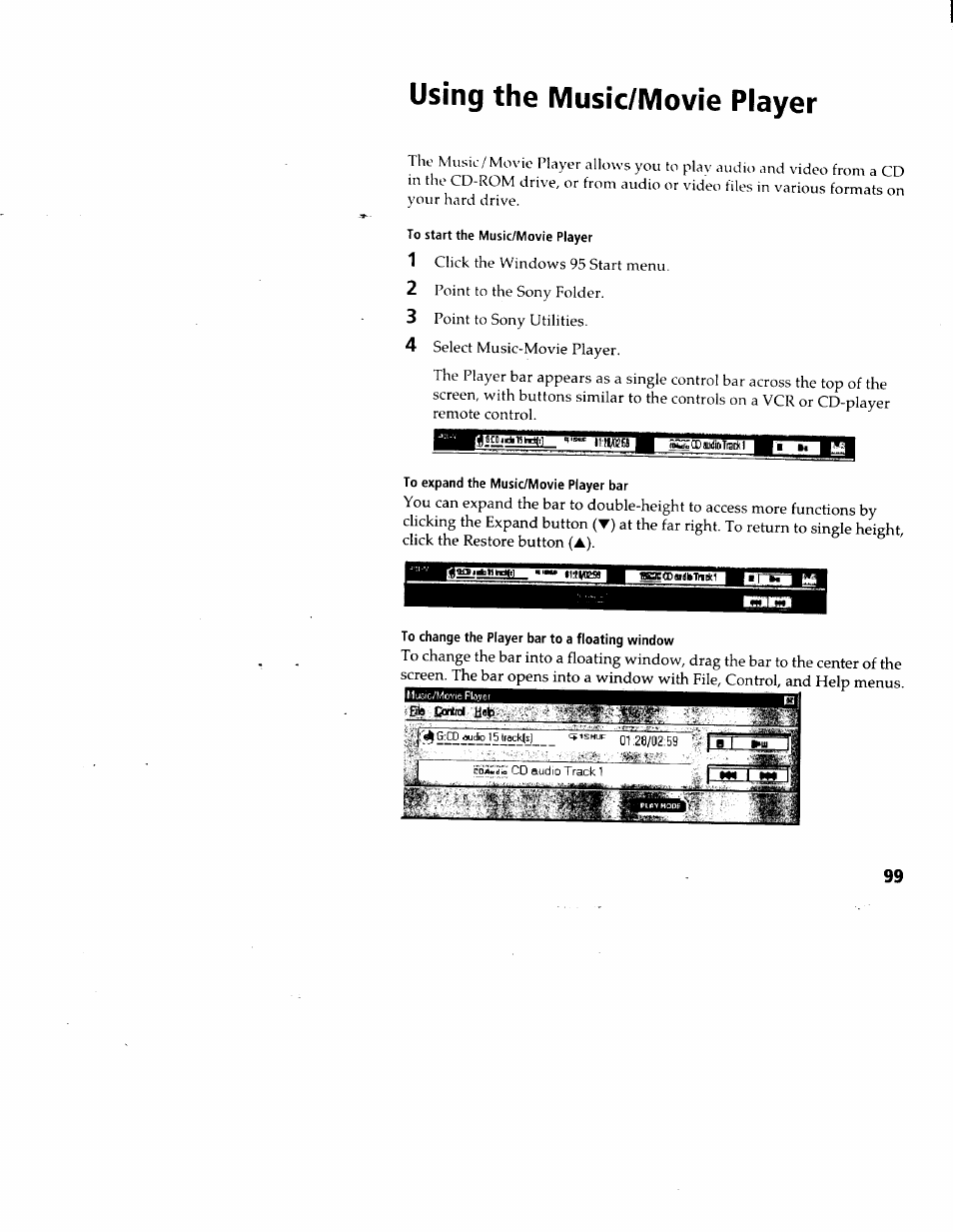 Using the music/movie player, To start the music/movie player, To expand the music/movie player bar | To change the player bar to a floating window | Sony PCG-717 User Manual | Page 105 / 154