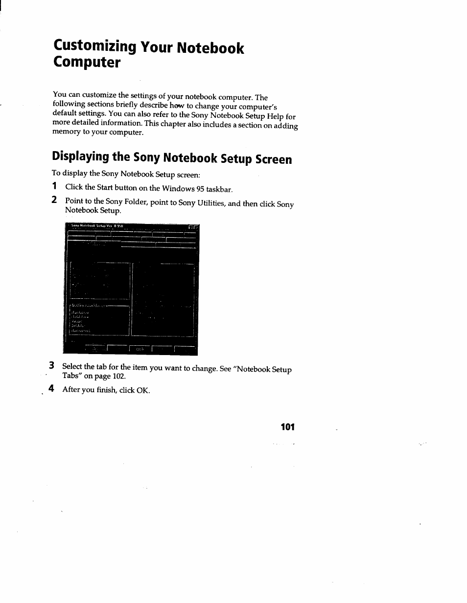 Customizing your notebook computer, Displaying the sony notebook setup screen | Sony PCG-717 User Manual | Page 108 / 154