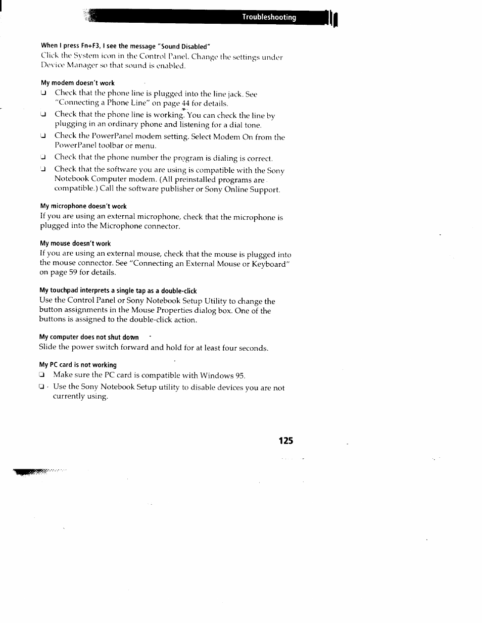 My modem doesn’t work, My microphone doesn't work, My mouse doesn't work | My computer does not shut down, My pc card is not working | Sony PCG-717 User Manual | Page 133 / 154