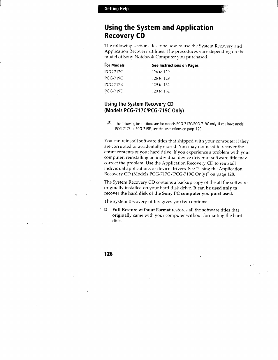 Using the system and application recovery cd | Sony PCG-717 User Manual | Page 135 / 154
