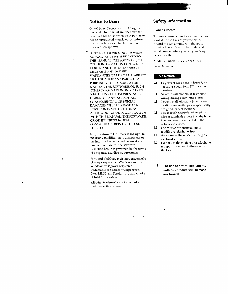 Owner's record, Notice to users safety information, Warning | Sony PCG-717 User Manual | Page 2 / 154