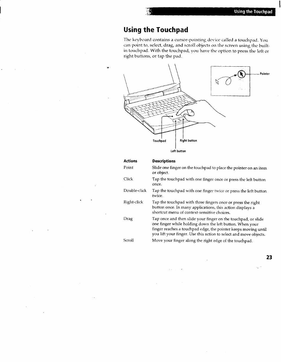Using the touchpad, Descriptions | Sony PCG-717 User Manual | Page 26 / 154