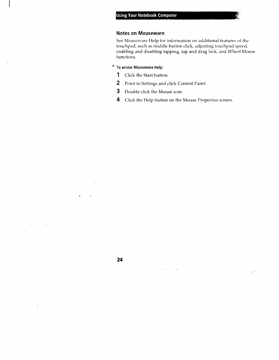 Notes on mouseware, To access mouseware help | Sony PCG-717 User Manual | Page 28 / 154