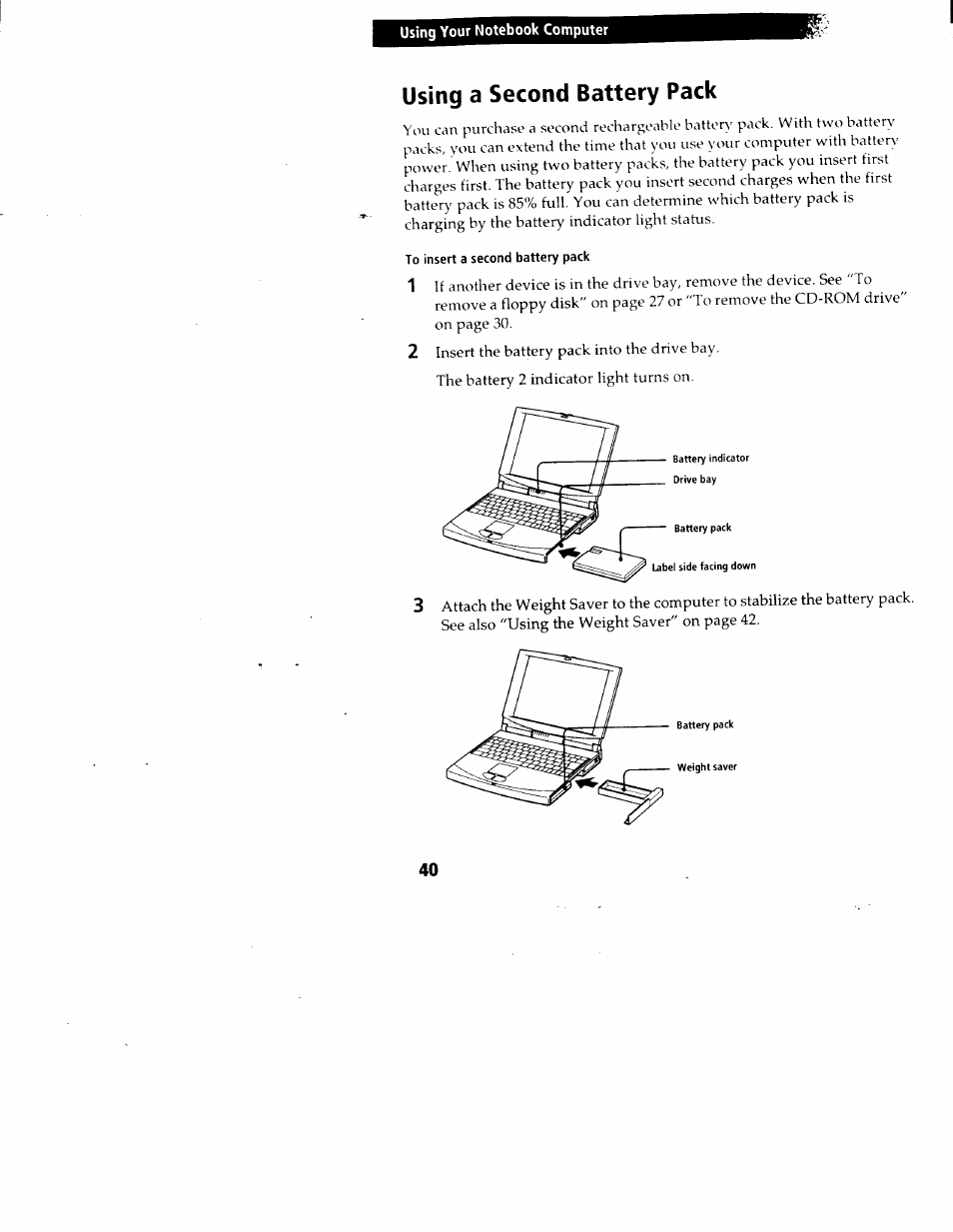 Using a second battery pack, To insert a second battery pack | Sony PCG-717 User Manual | Page 41 / 154