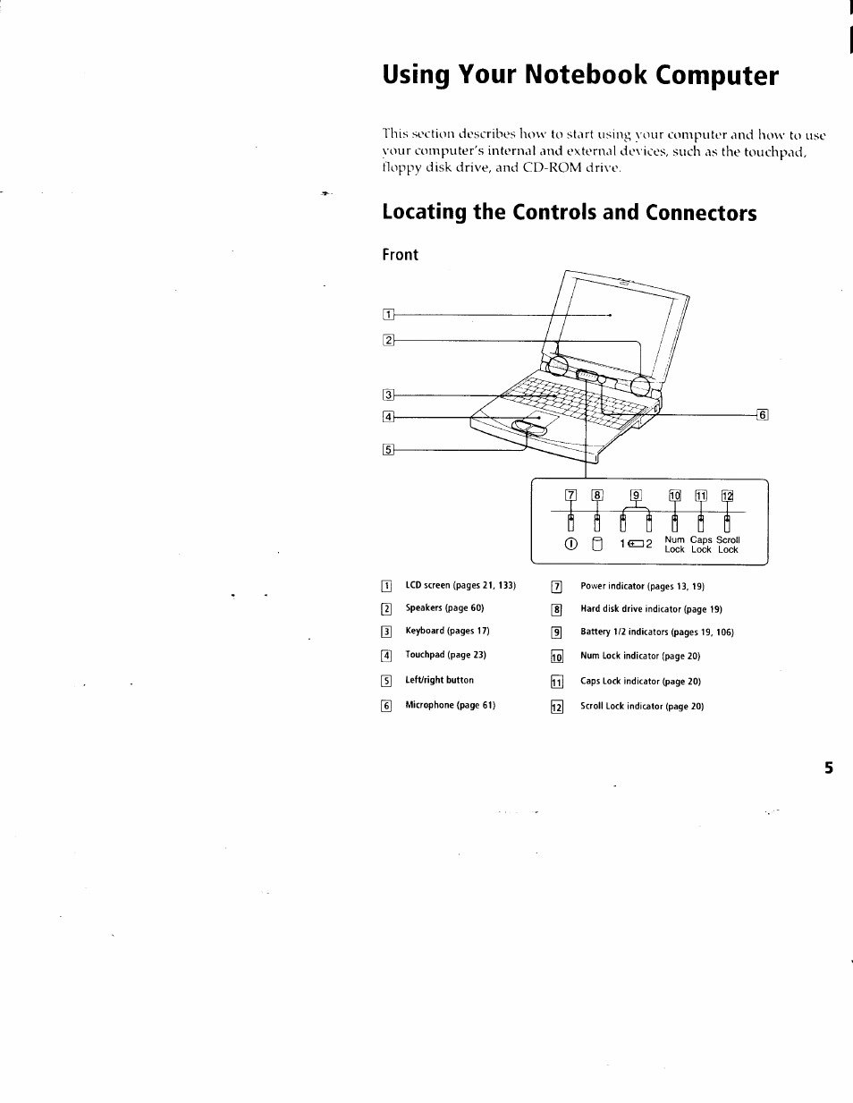 Using your notebook computer, Locating the controls and connectors, Front | Sony PCG-717 User Manual | Page 50 / 154