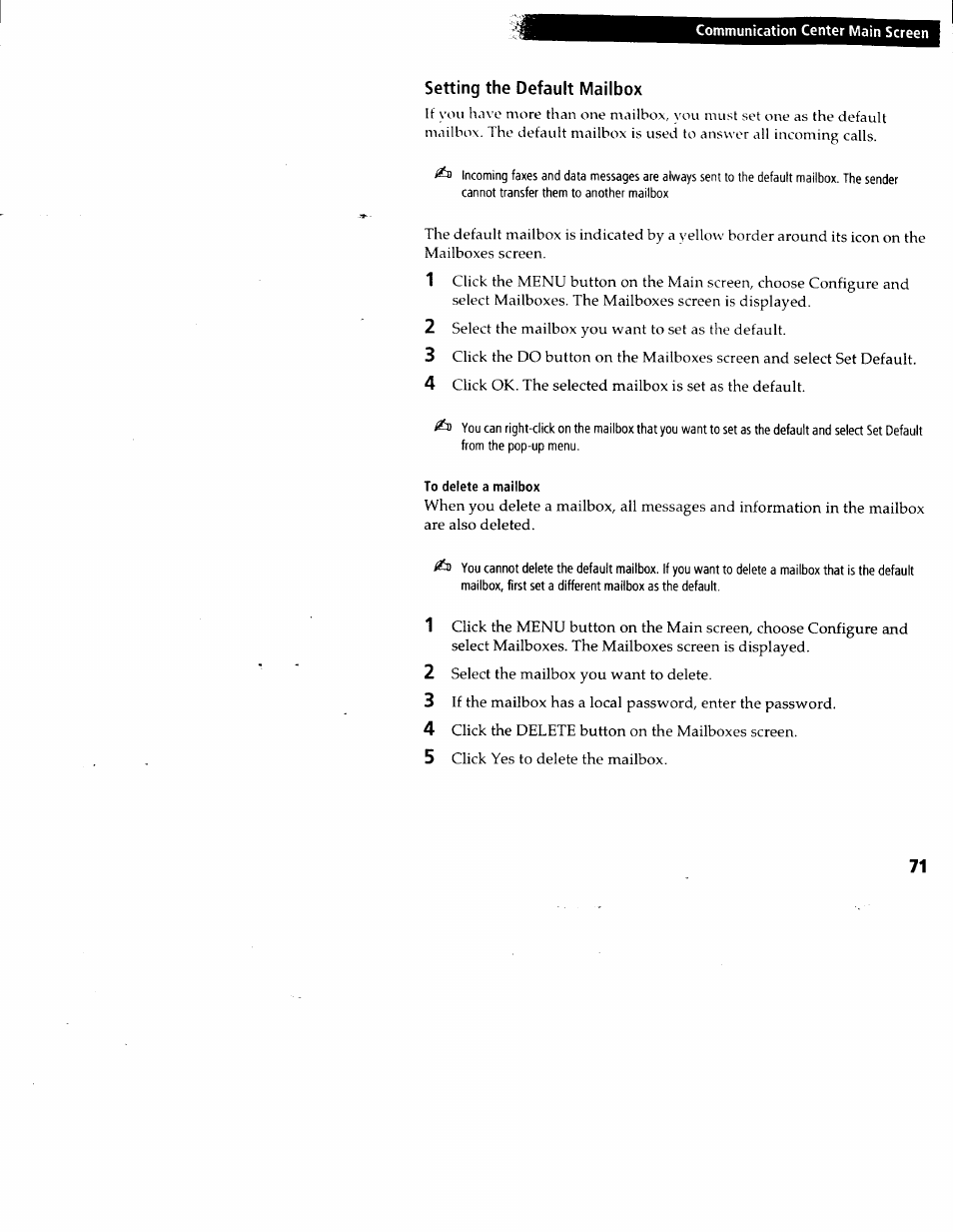 Setting the default mailbox, To delete a mailbox | Sony PCG-717 User Manual | Page 78 / 154