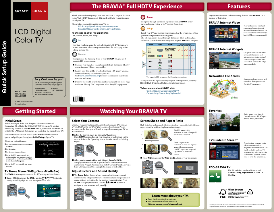 Sony KDL-40XBR9 User Manual | 2 pages