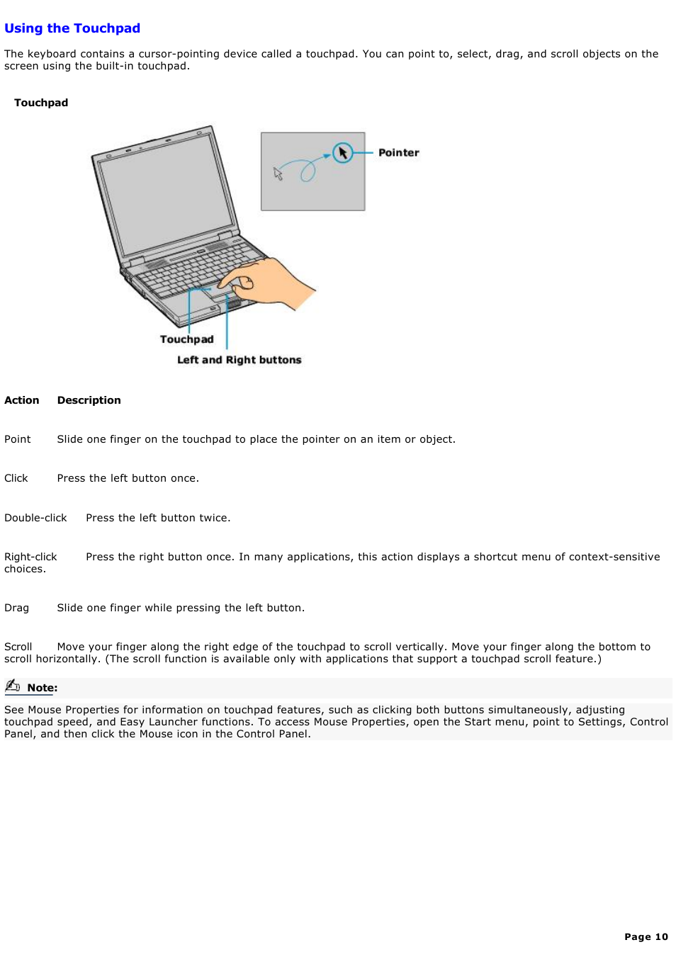 Using the touchpad | Sony PCG-GR300K User Manual | Page 10 / 198