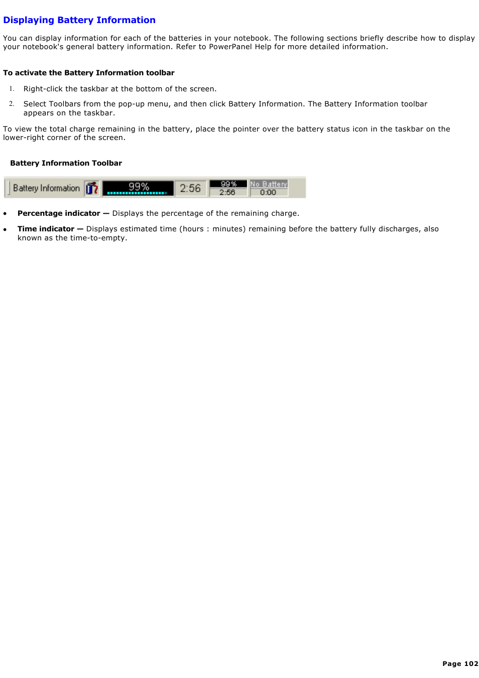 Displaying battery information | Sony PCG-GR300K User Manual | Page 102 / 198