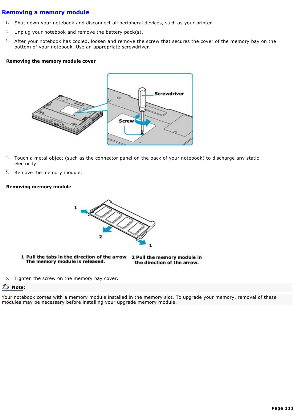 Removing a memory module | Sony PCG-GR300K User Manual | Page 111 / 198