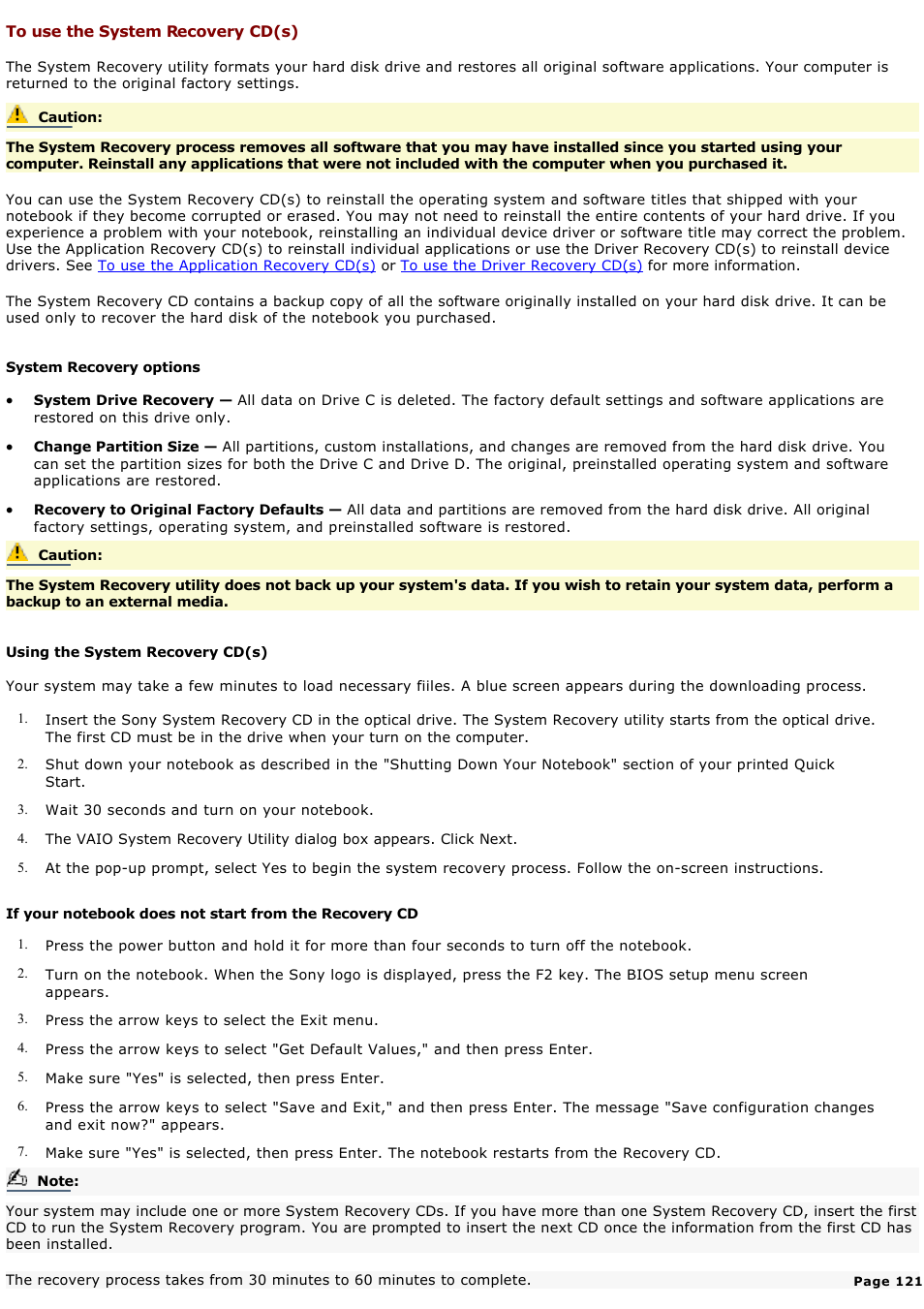 To use the system recovery cd(s) | Sony PCG-GR300K User Manual | Page 121 / 198