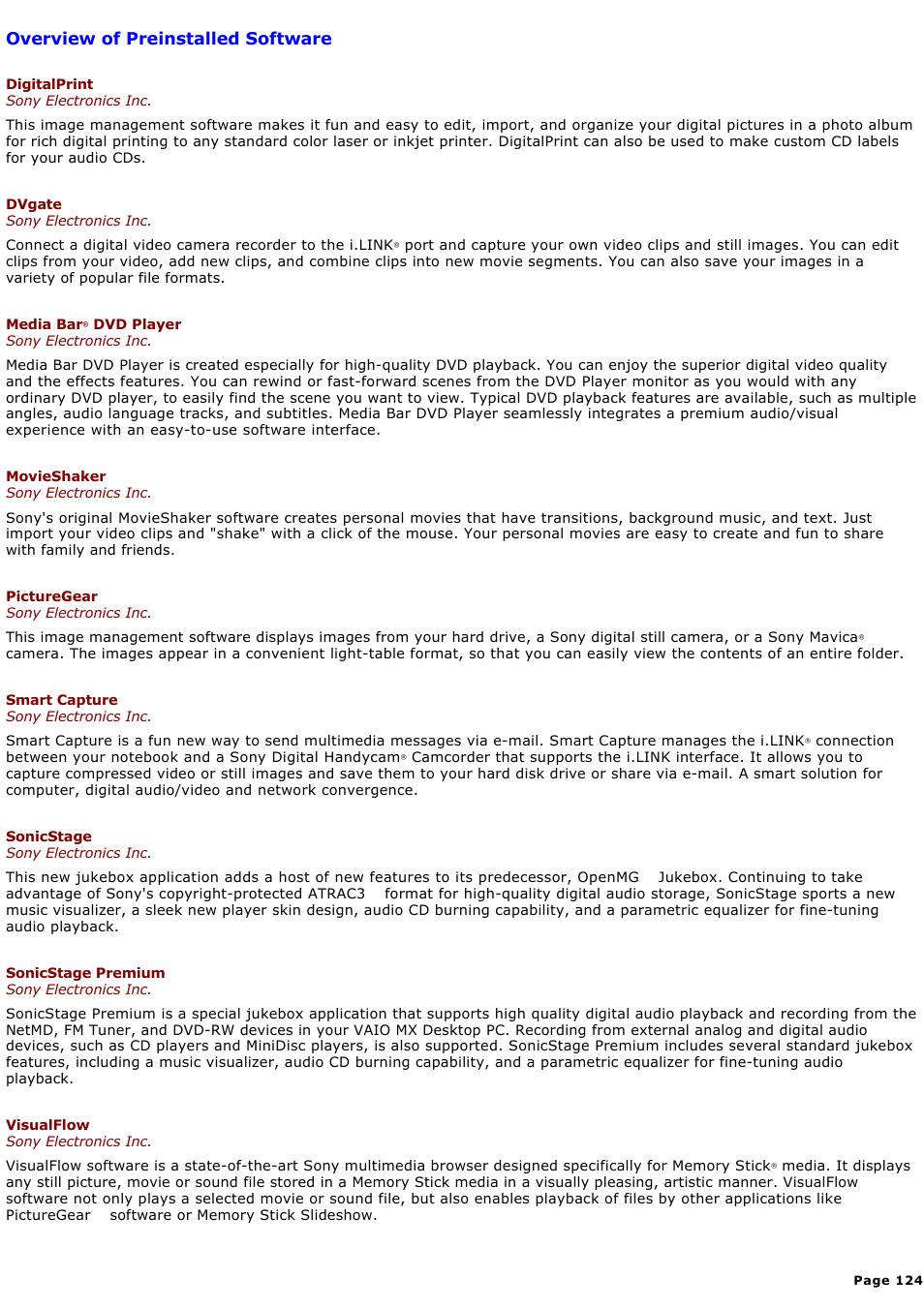 Overview of preinstalled software | Sony PCG-GR300K User Manual | Page 124 / 198