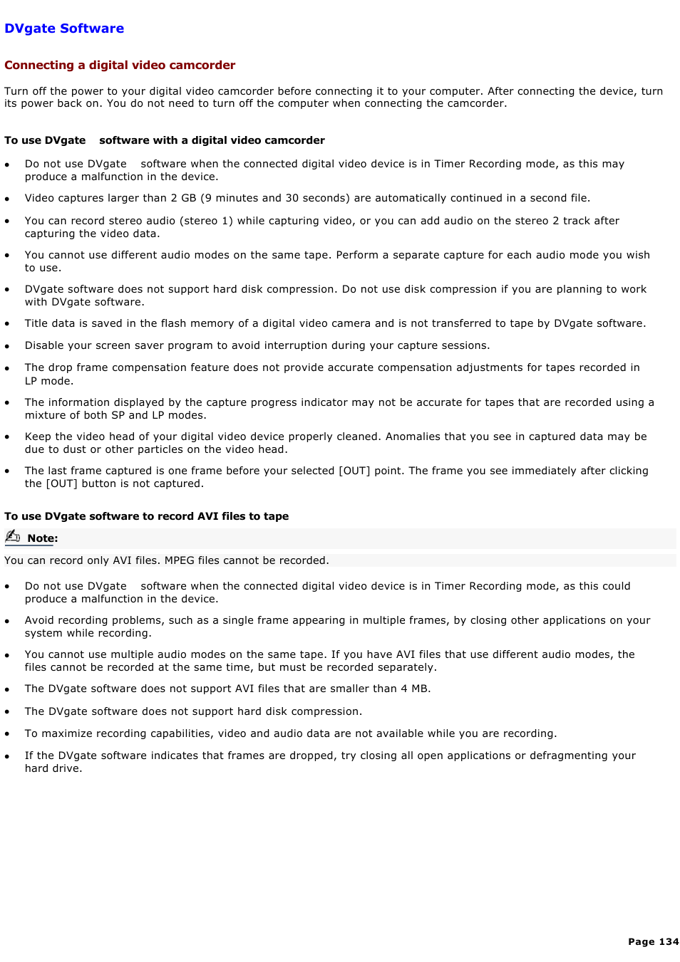 Dvgate software | Sony PCG-GR300K User Manual | Page 134 / 198