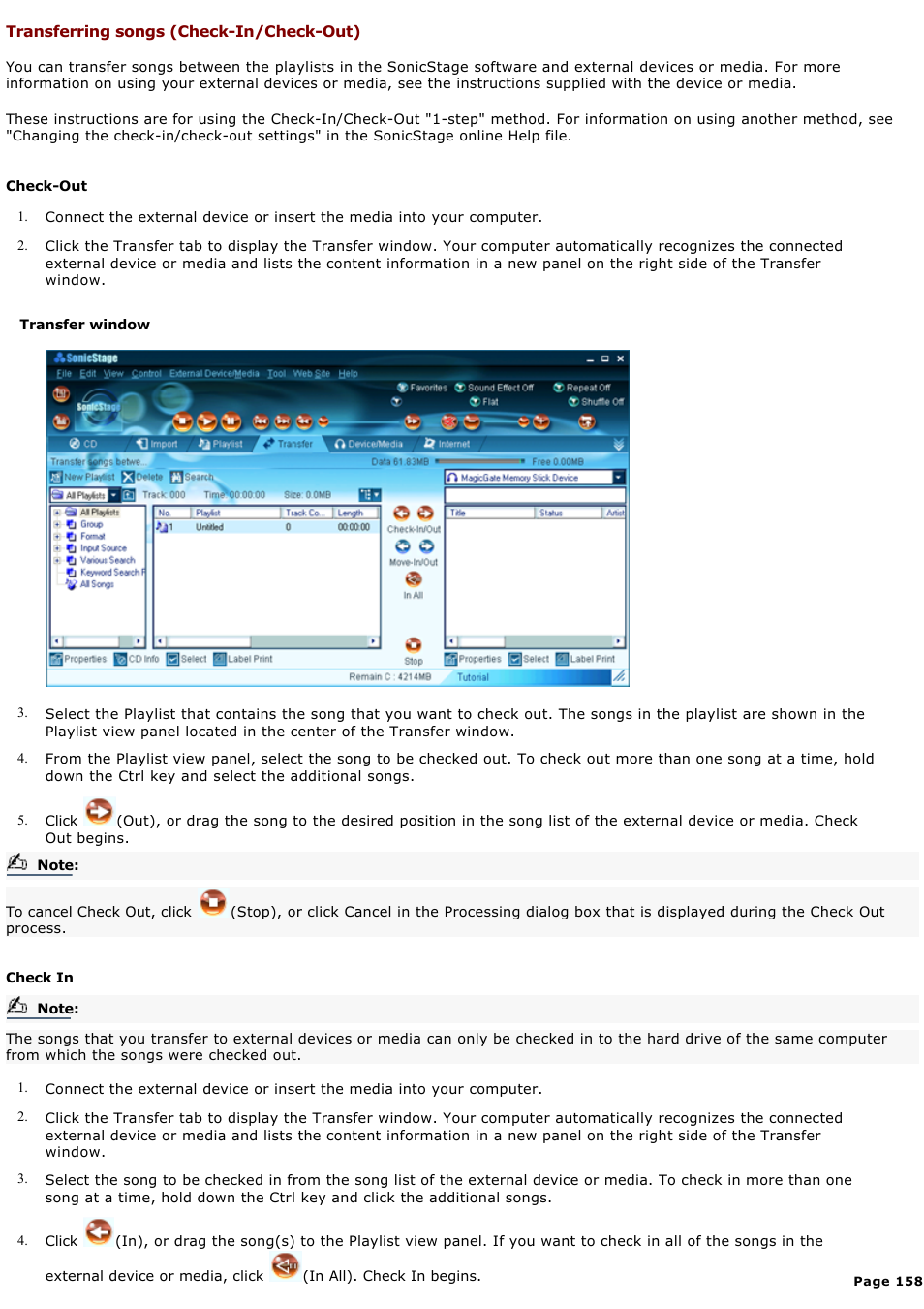 Transferring songs (check-in/check-out) | Sony PCG-GR300K User Manual | Page 158 / 198