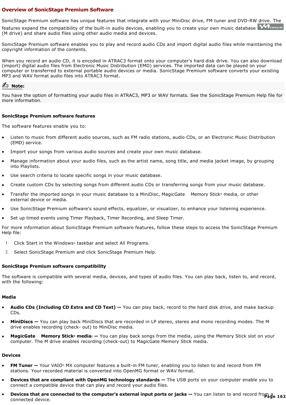 Overview of sonicstage premium software | Sony PCG-GR300K User Manual | Page 162 / 198