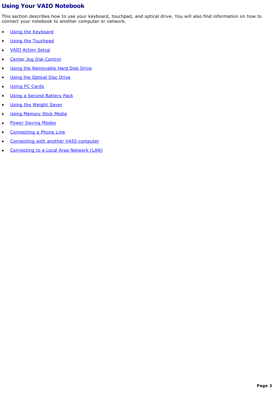 Using your vaio notebook | Sony PCG-GR300K User Manual | Page 2 / 198