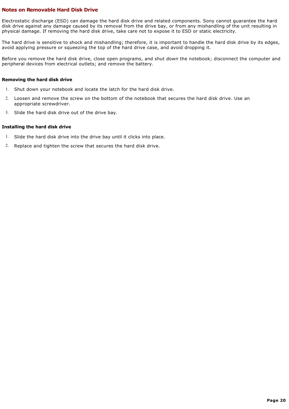 Notes on removable hard disk drive | Sony PCG-GR300K User Manual | Page 20 / 198