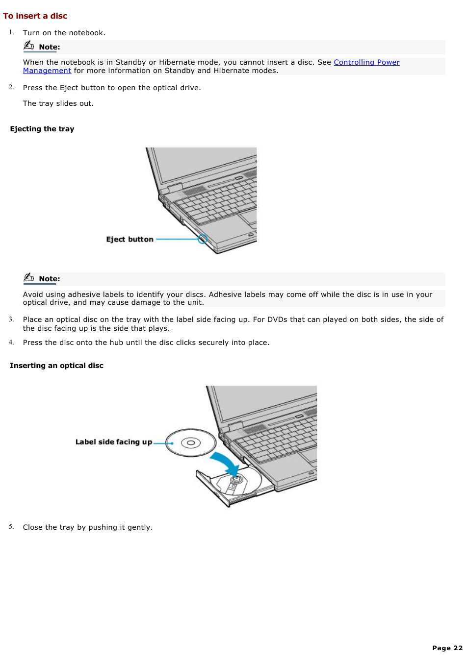 To insert a disc | Sony PCG-GR300K User Manual | Page 22 / 198