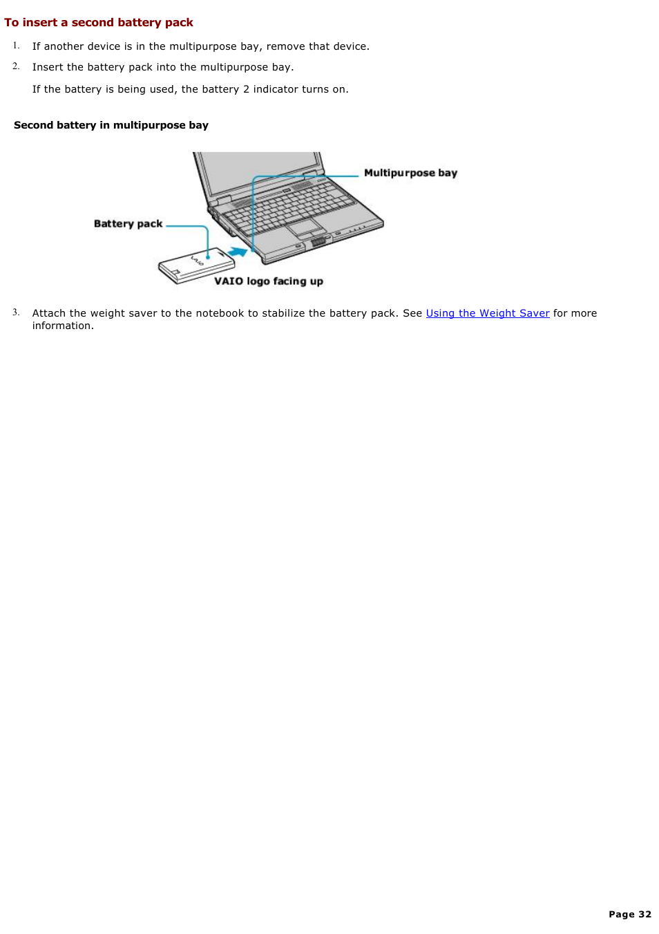 To insert a second battery pack | Sony PCG-GR300K User Manual | Page 32 / 198