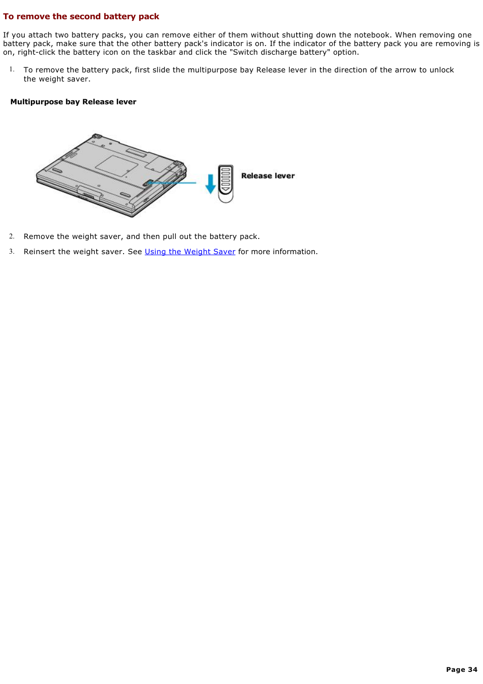 To remove the second battery pack | Sony PCG-GR300K User Manual | Page 34 / 198