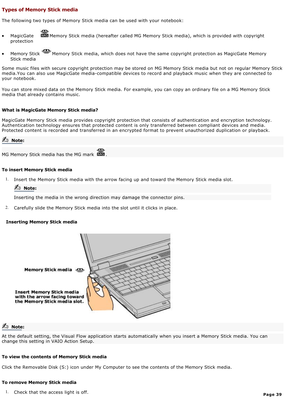 Types of memory stick media | Sony PCG-GR300K User Manual | Page 39 / 198