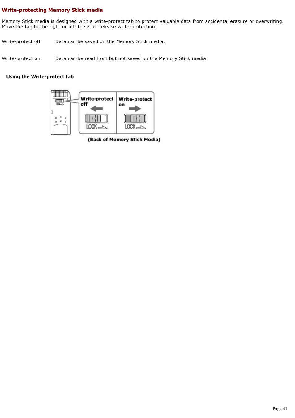 Write-protecting memory stick media | Sony PCG-GR300K User Manual | Page 41 / 198