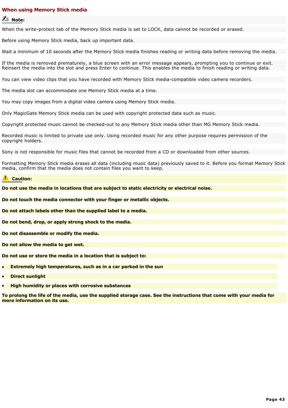 When using memory stick media | Sony PCG-GR300K User Manual | Page 43 / 198