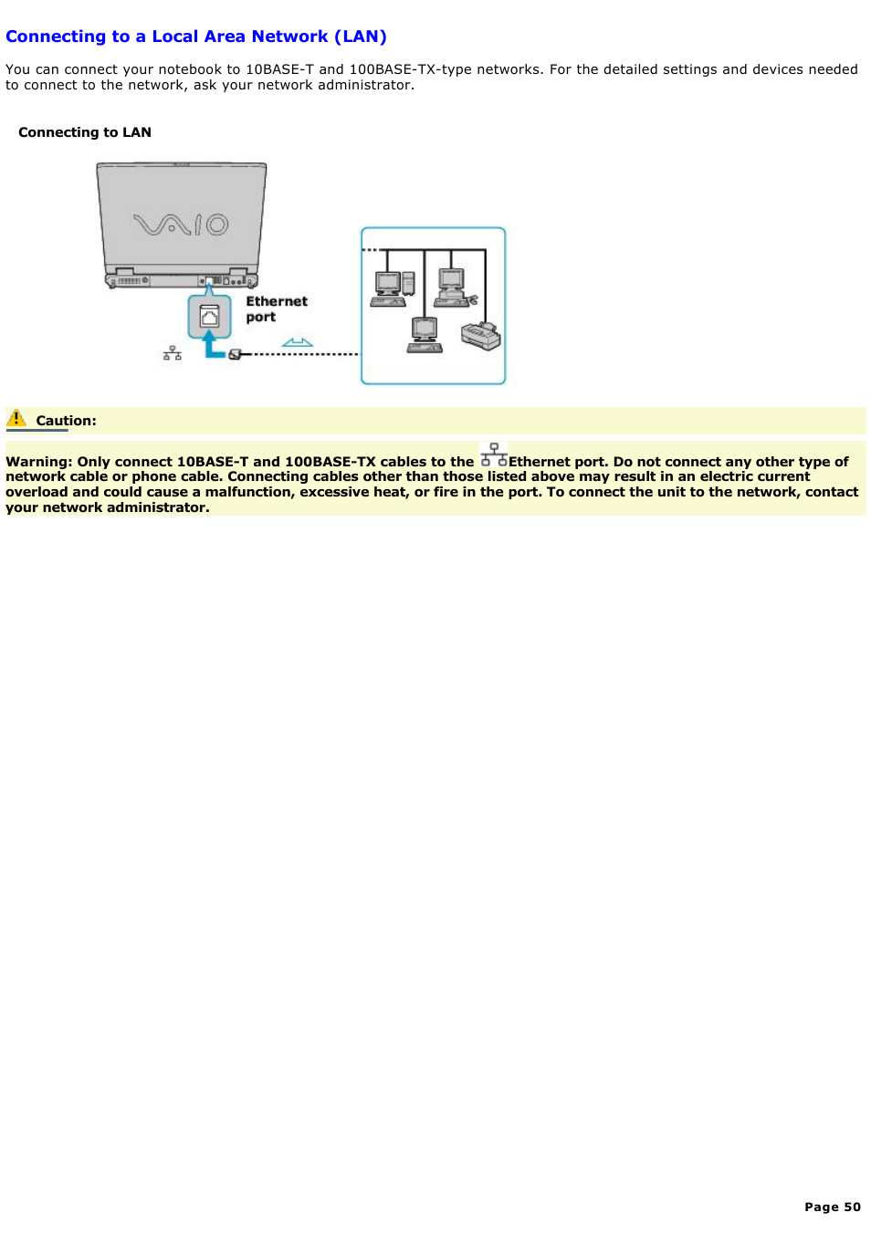 Connecting to a local area network (lan) | Sony PCG-GR300K User Manual | Page 50 / 198