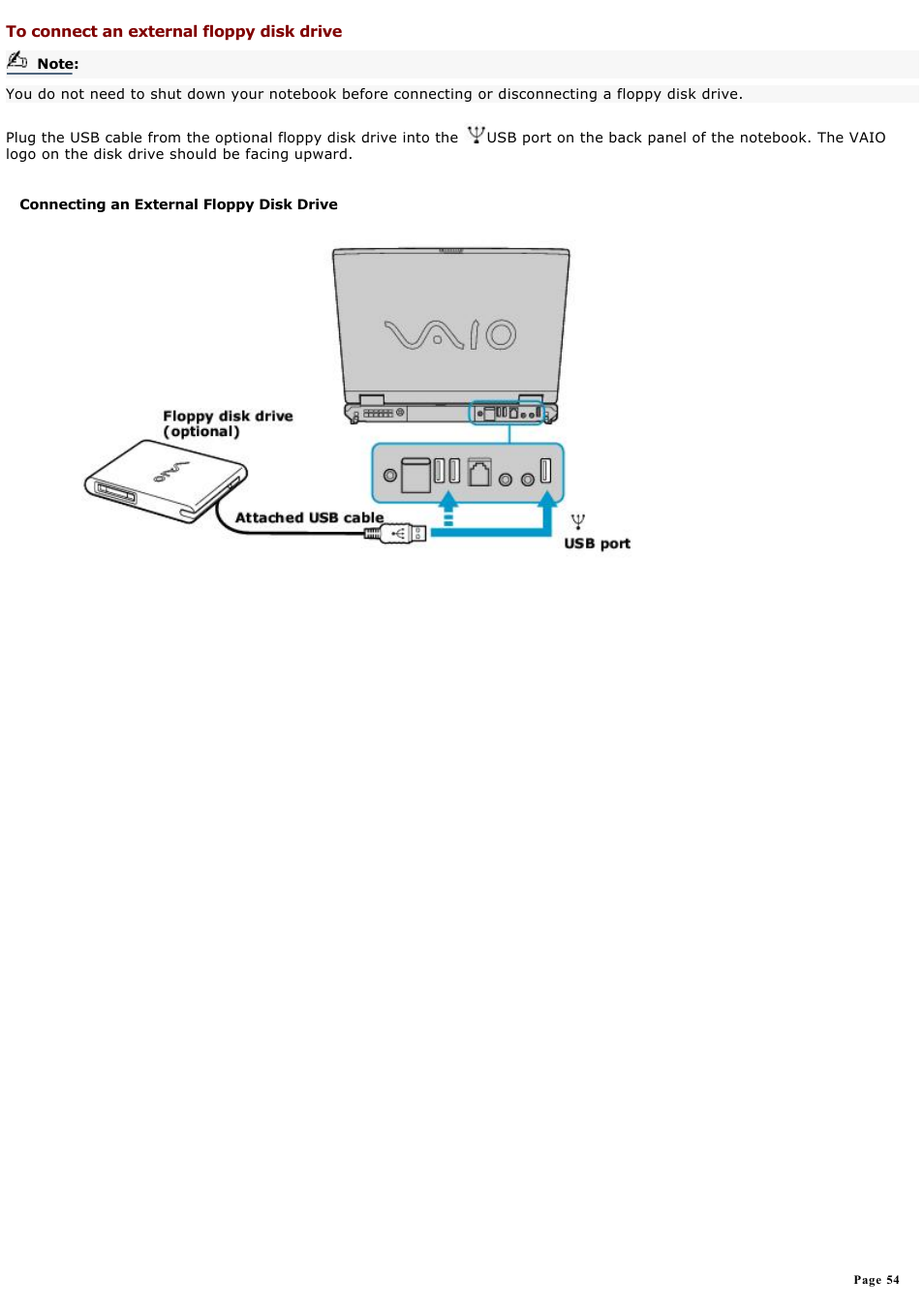 To connect an external floppy disk drive | Sony PCG-GR300K User Manual | Page 54 / 198