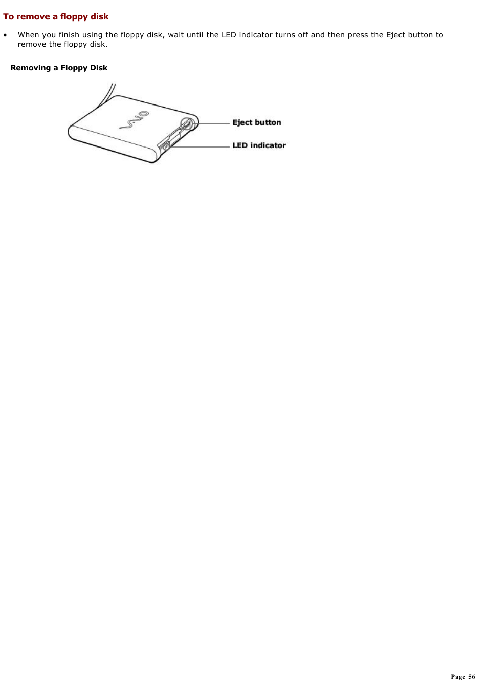 To remove a floppy disk | Sony PCG-GR300K User Manual | Page 56 / 198