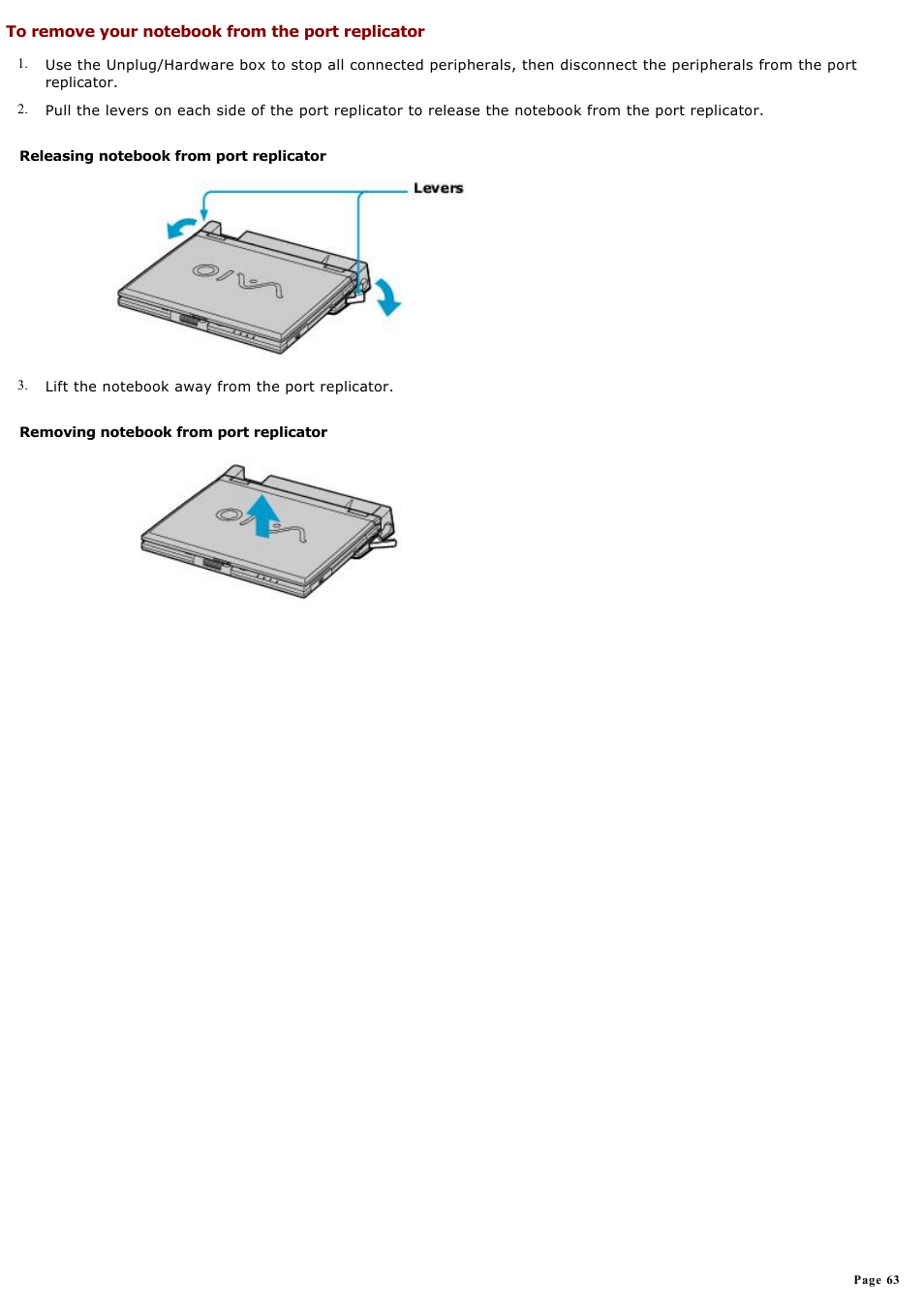 To remove your notebook from the port replicator | Sony PCG-GR300K User Manual | Page 63 / 198