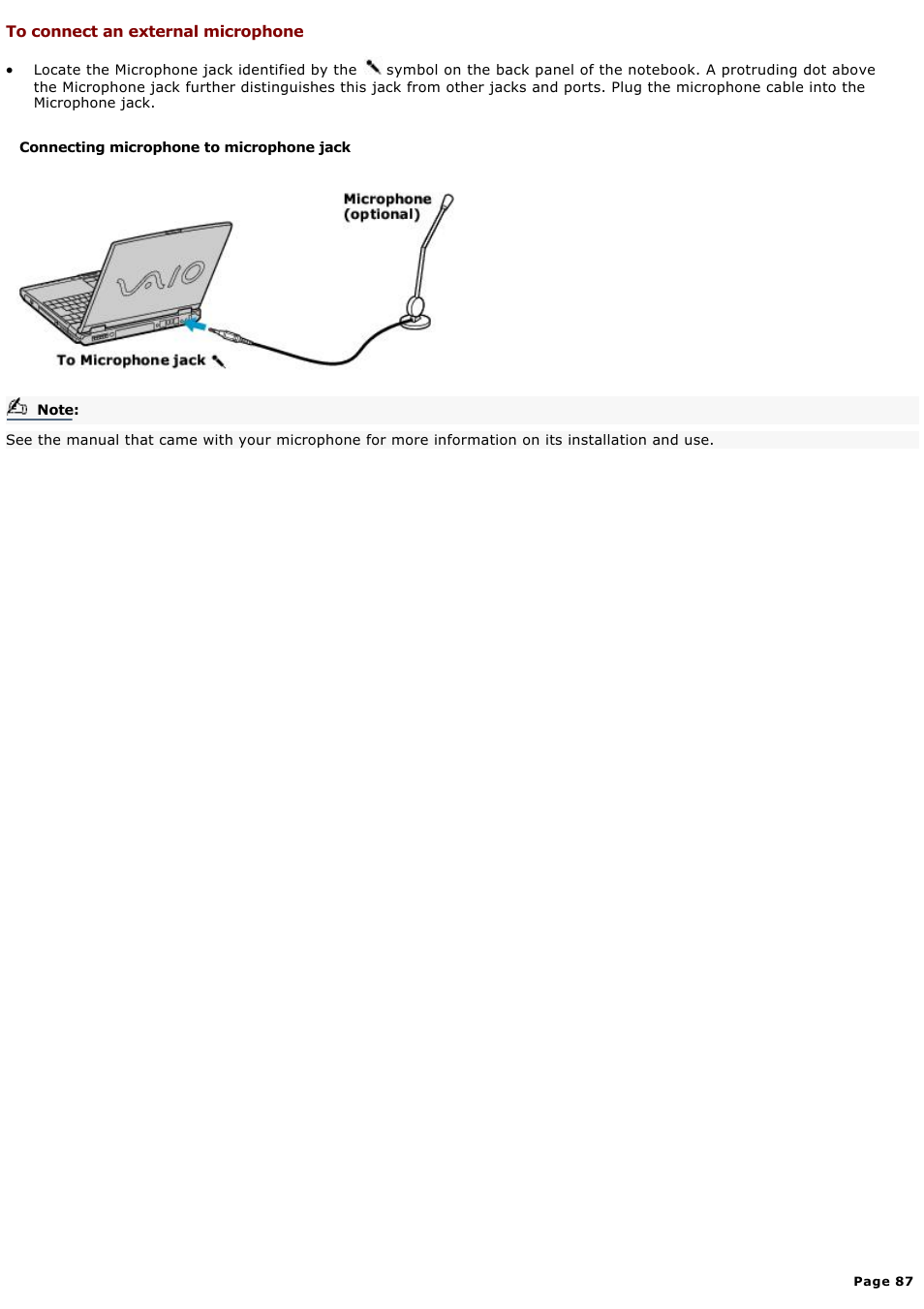 To connect an external microphone | Sony PCG-GR300K User Manual | Page 87 / 198