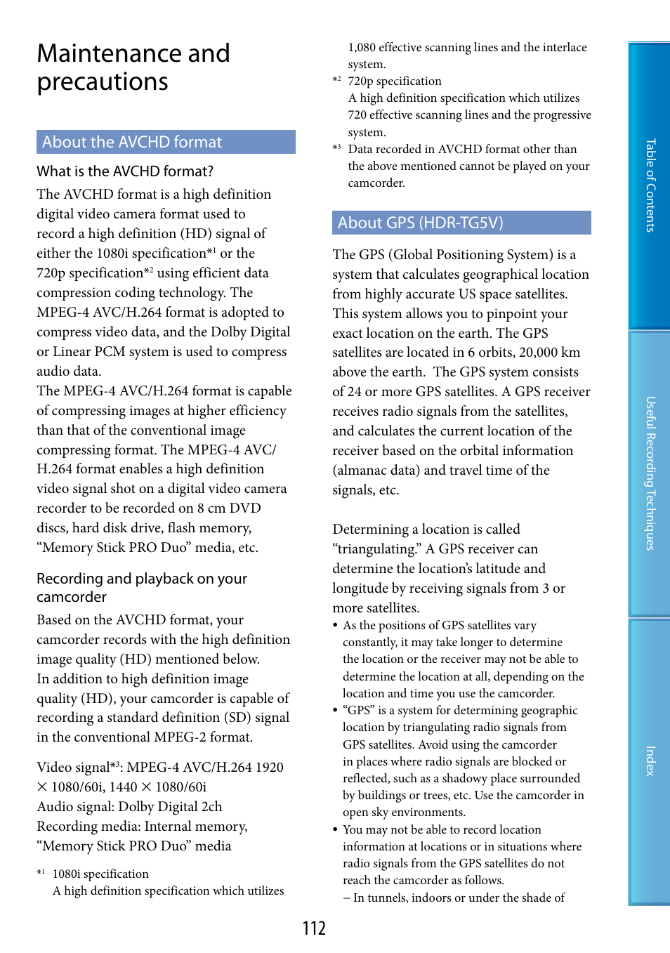 Maintenance and precautions, About the avchd format, About gps (hdr-tg5v) | About the avchd format about gps (hdr-tg5v) | Sony HDR-TG5 User Manual | Page 112 / 123