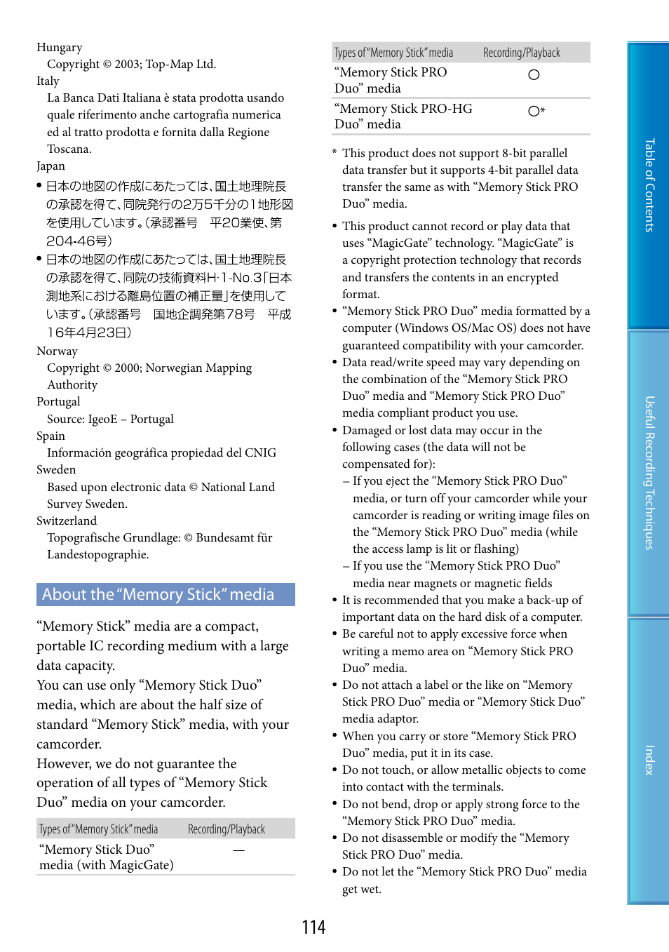 About the “memory stick” media | Sony HDR-TG5 User Manual | Page 114 / 123