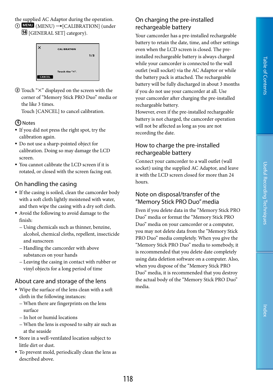 On handling the casing, About care and storage of the lens, On charging the pre-installed rechargeable battery | Sony HDR-TG5 User Manual | Page 118 / 123