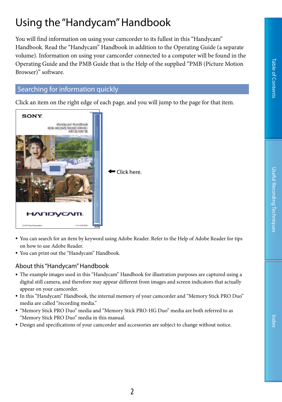 Using the “handycam” handbook, Searching for information quickly | Sony HDR-TG5 User Manual | Page 2 / 123