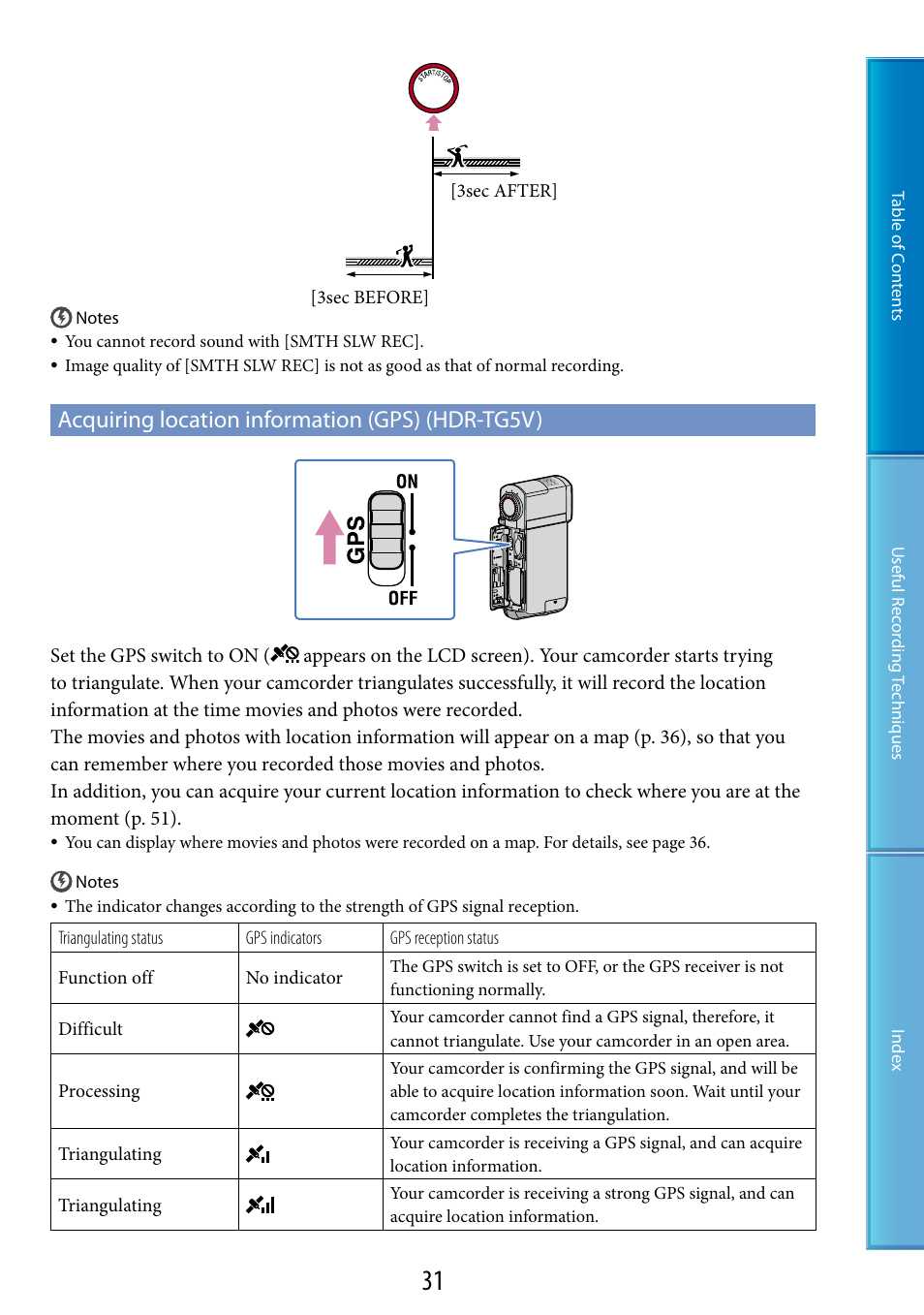 Acquiring location information (gps) (hdr-tg5v), S (31) | Sony HDR-TG5 User Manual | Page 31 / 123