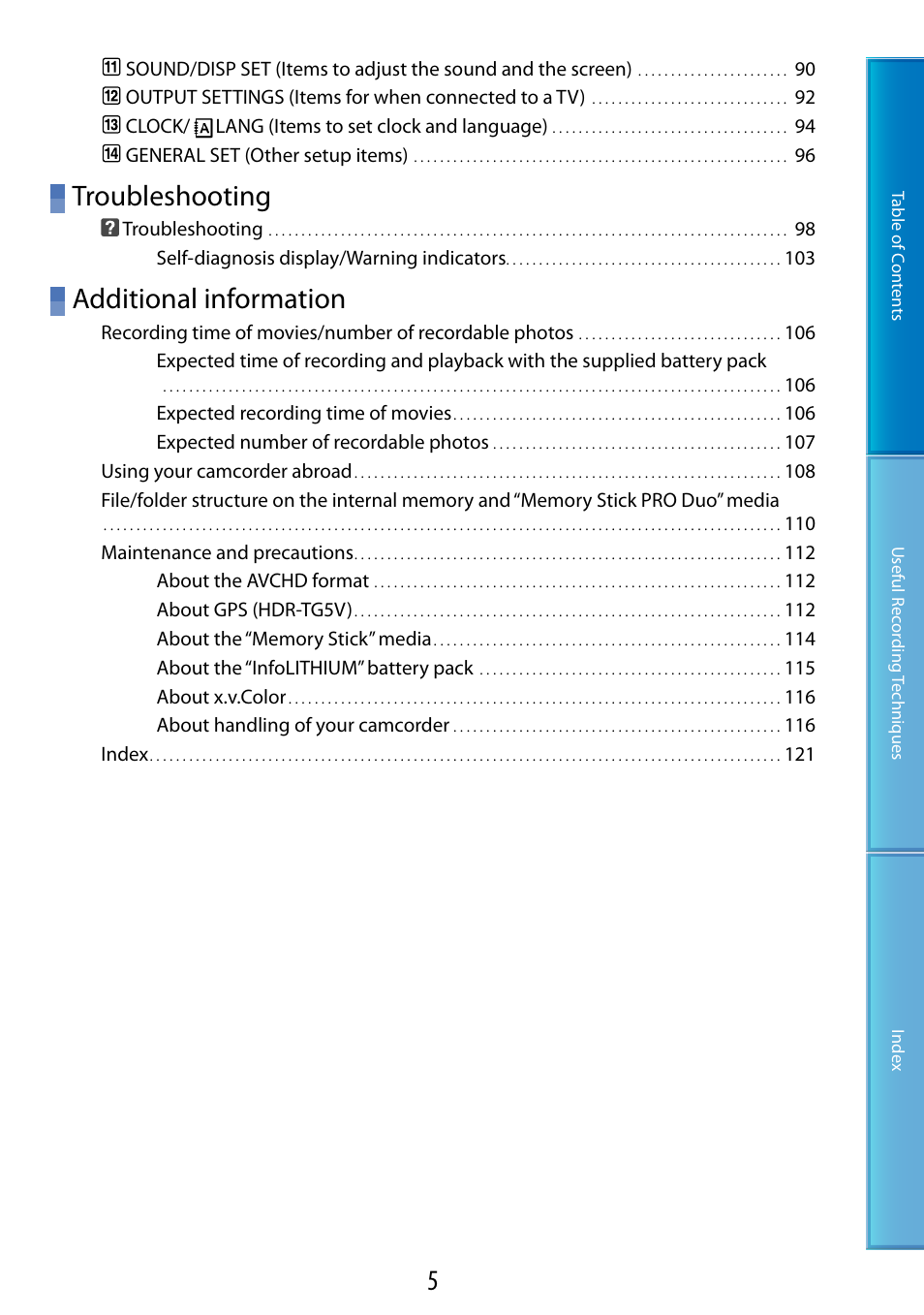 Troubleshooting, Additional information | Sony HDR-TG5 User Manual | Page 5 / 123