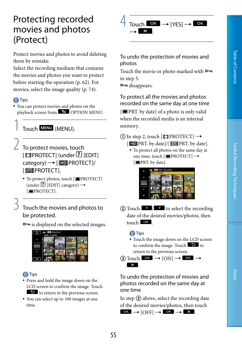 Protecting recorded movies and photos (protect), E (55) | Sony HDR-TG5 User Manual | Page 55 / 123