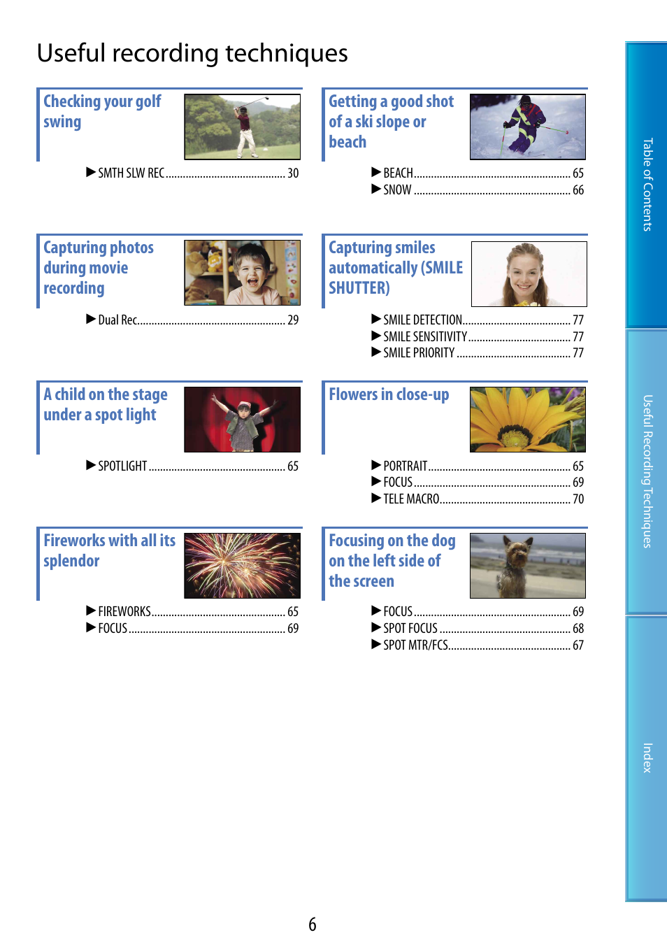 Useful recording techniques | Sony HDR-TG5 User Manual | Page 6 / 123