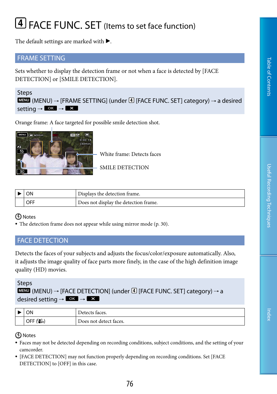 Face func. set (items to set face function), Ff] (76), 76). a | Face func. set, Items to set face function), Frame setting, Face detection | Sony HDR-TG5 User Manual | Page 76 / 123