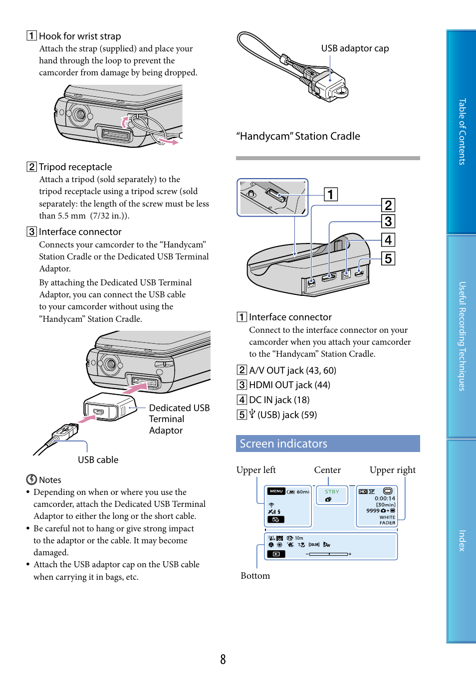 Screen indicators, Handycam” station cradle | Sony HDR-TG5 User Manual | Page 8 / 123
