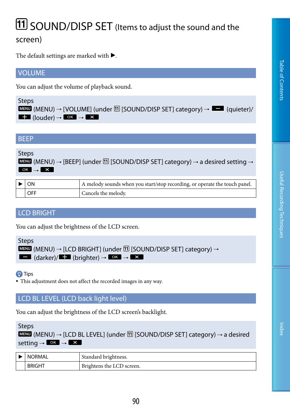 Sound/disp set, Items to adjust the sound and the screen), Volume | Beep, Lcd bright, Lcd bl level (lcd back light level) | Sony HDR-TG5 User Manual | Page 90 / 123