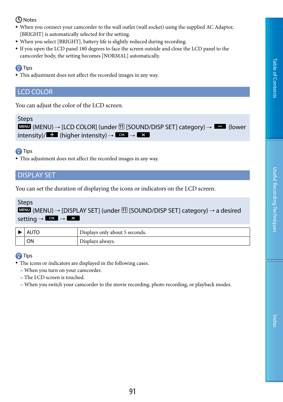 Lcd color, Display set, Steps (menu) | Lcd color] (under [sound/disp set] category), Lower intensity)/ (higher intensity), Display set] (under [sound/disp set] category), A desired setting | Sony HDR-TG5 User Manual | Page 91 / 123