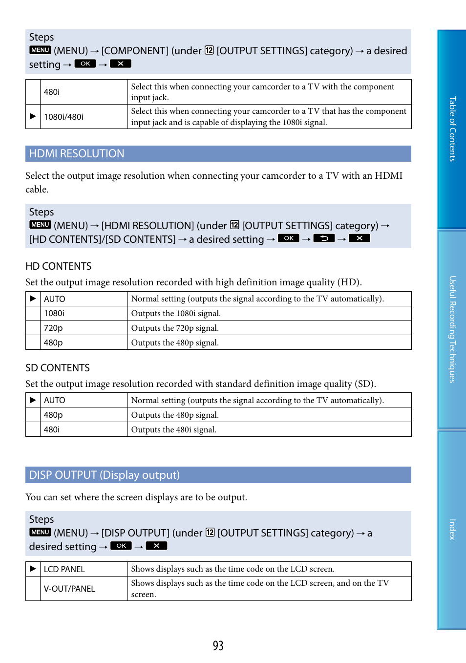 Hdmi resolution, Disp output (display output) | Sony HDR-TG5 User Manual | Page 93 / 123