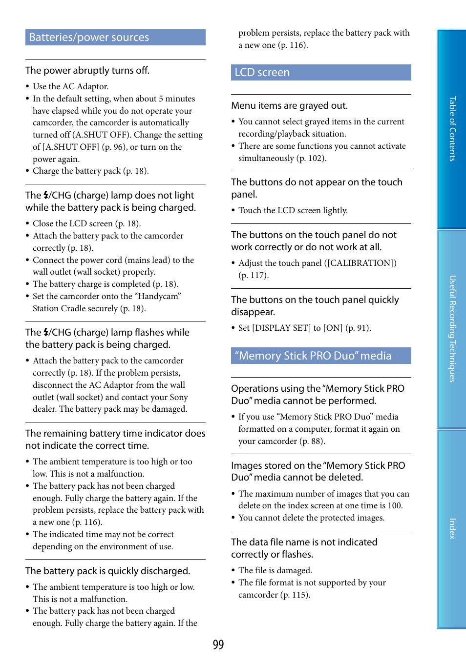 Batteries/power sources, Lcd screen, Memory stick pro duo” media | Sony HDR-TG5 User Manual | Page 99 / 123